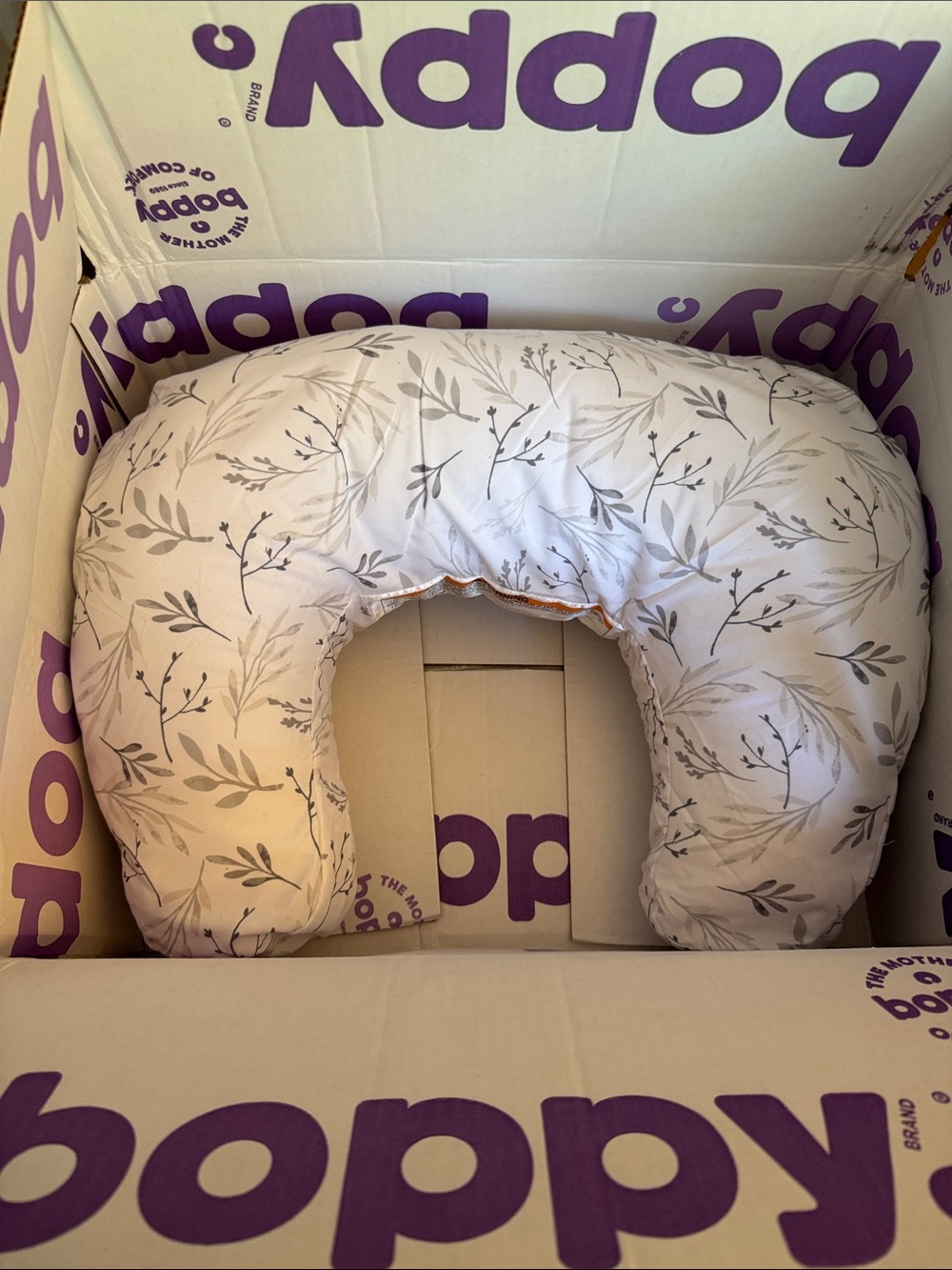 Boppy Nursing Pillow in Light Gray Leaf Pattern - NEW